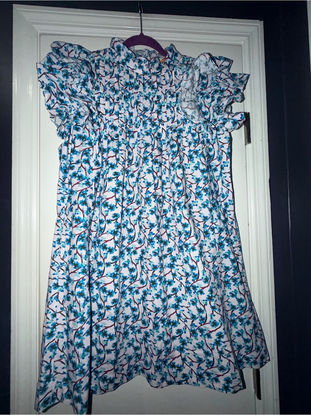 Oliphant Blue Floral Ruffle Sleeve Dress